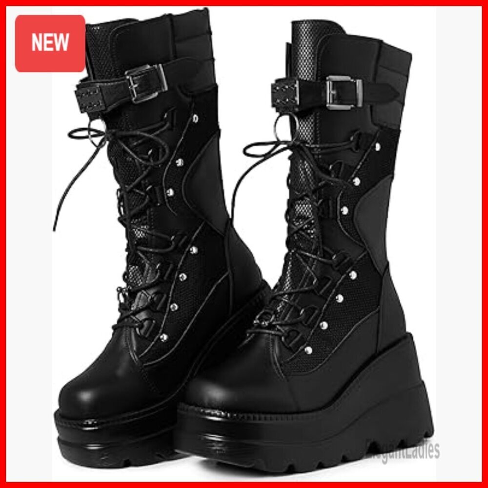 Women's Platform Combat Boots Chunky Wedge Heel Mid Calf Lace Up Zipper